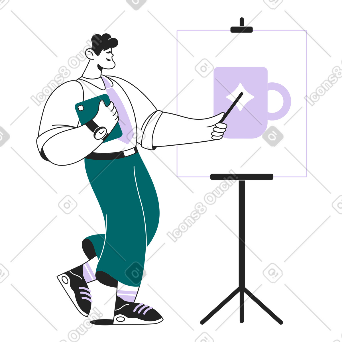 Team member showing product mockup, new brand rollout meeting illustration in Sammy Line style download in PNG, SVG