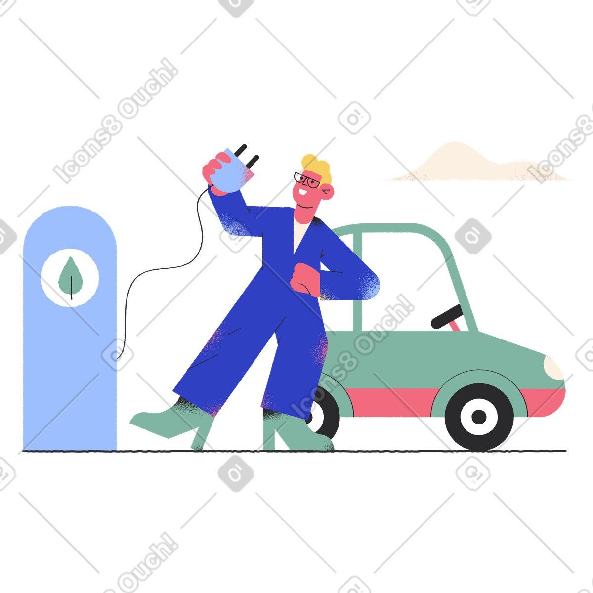 Man charging his electric car at the station illustration in Pablo style download in PNG, SVG