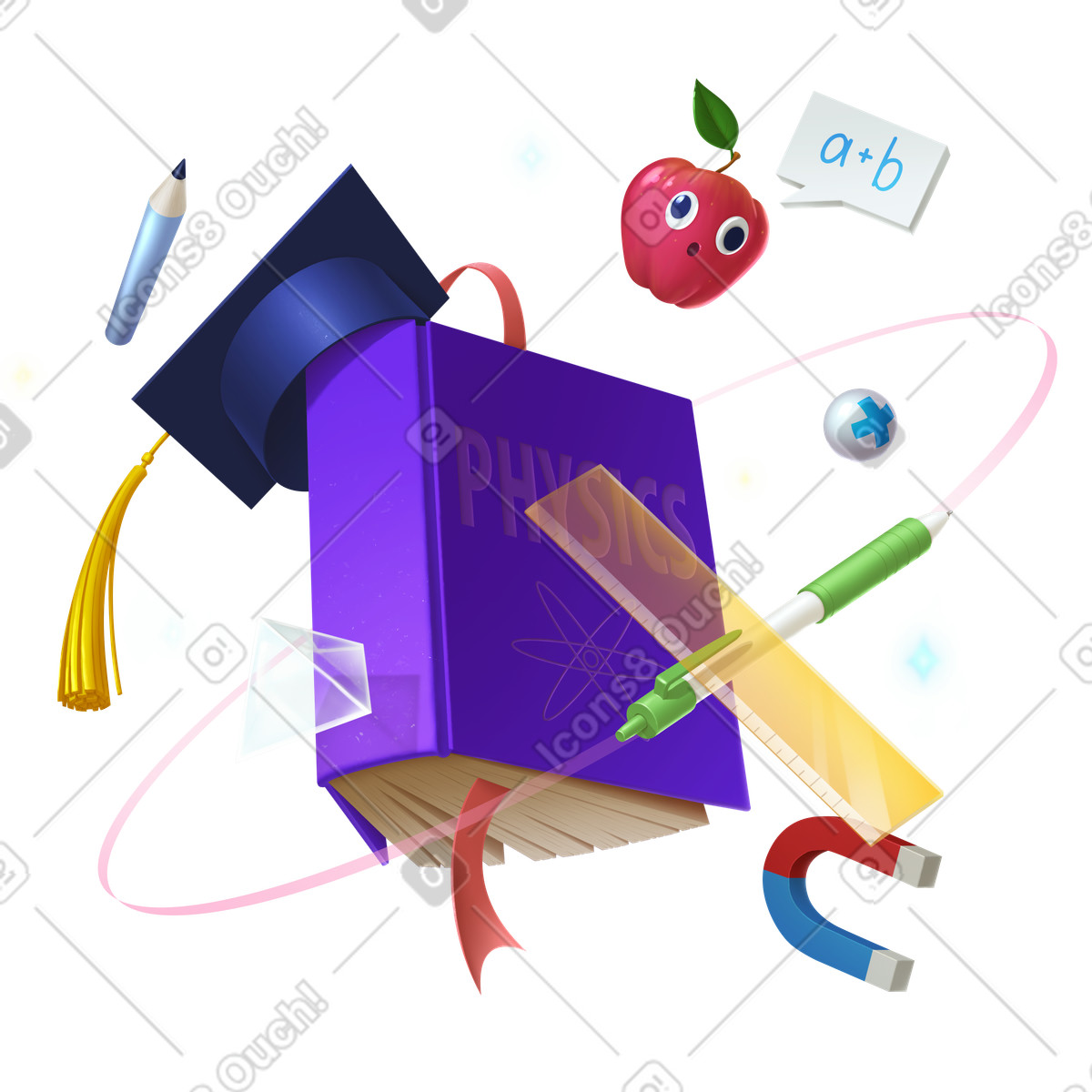 Ilustração de Physics book surrounded by floating stationery and lab tools, Science education em no estilo Props para baixar em PNG, SVG