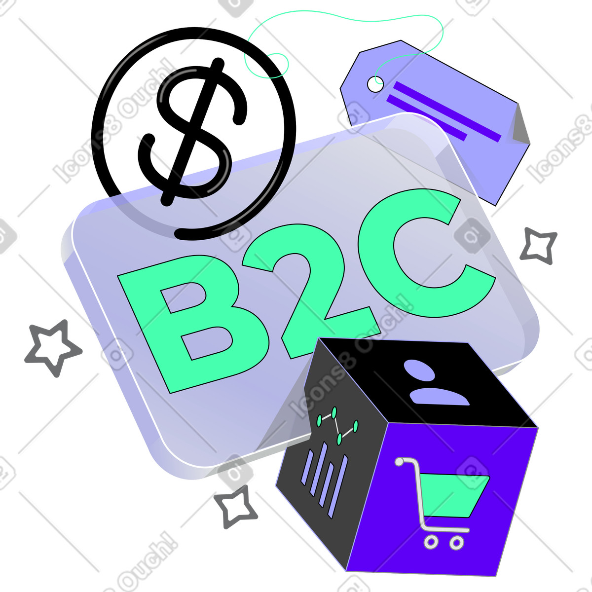 下载 Incut 风格的 用美元符号和折扣券文字刻字 b2c 插画，支持 PNG、SVG 格式