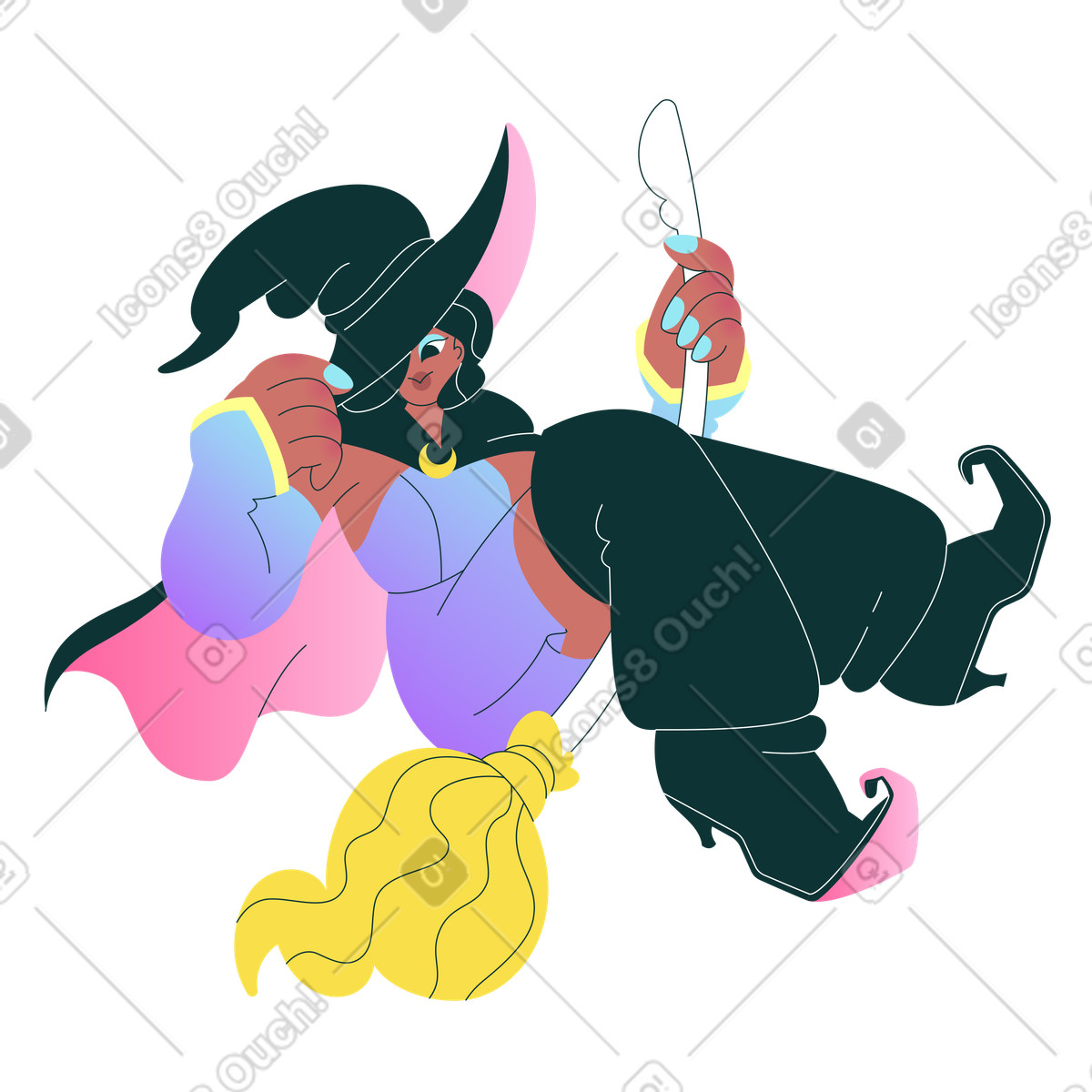 Illustration Sorcière d'halloween volant sur un balai dans le style Florid à télécharger aux formats PNG, SVG