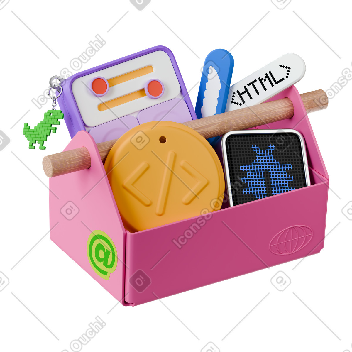 Toolbox filled with coding symbols bug screen and html stick illustrazione in stile 3D Stickle scarica in PNG, SVG