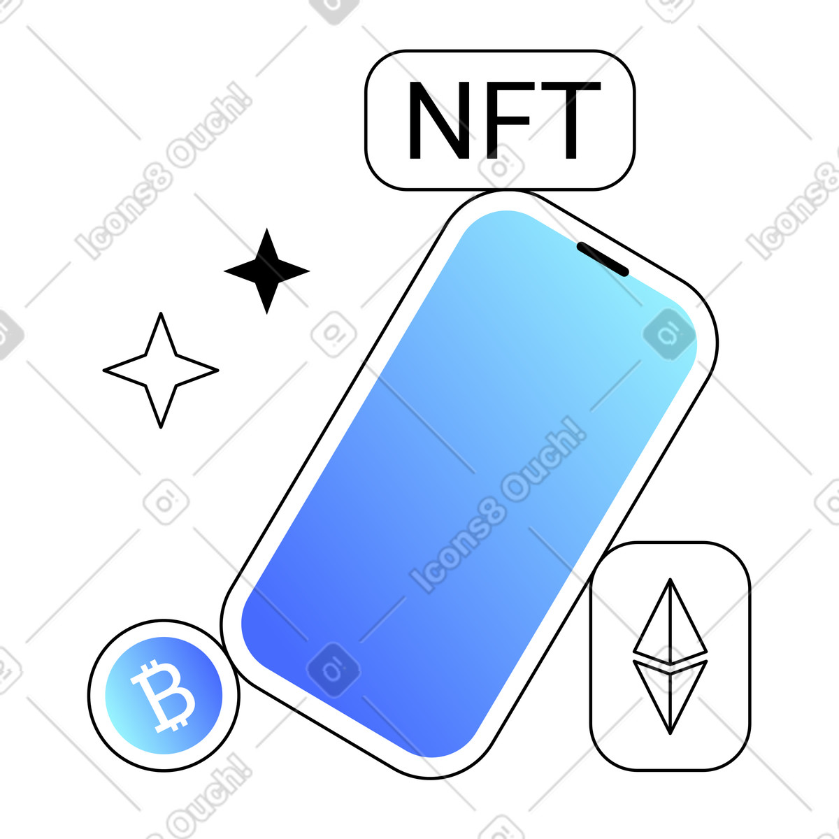 Digital assets on smartphone: NFT, bitcoin, ethereum illustration in PNG, SVG