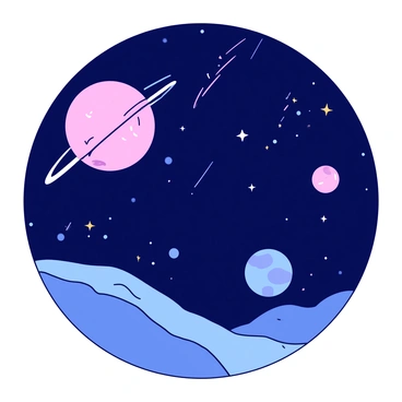 A night sky depicting a dreamy galaxy filled with pastel-colored planets. Each planet has soft hues of pink, blue, and yellow, creating a gentle contrast against the dark backdrop of the universe. Bright shooting stars streak across the scene, leaving shimmering trails behind them. The overall composition conveys a sense of vastness and tranquility in the cosmic landscape.