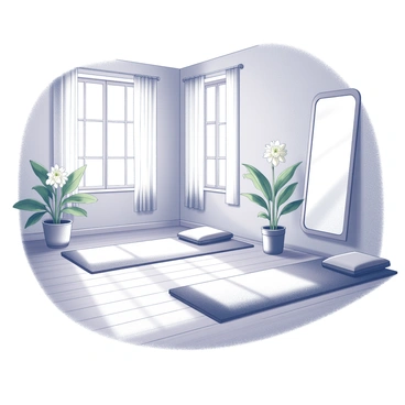 A yoga studio with smooth wooden floors and large windows allowing natural light to fill the space. The room is equipped with yoga mats neatly arranged, and there are several cushions placed around for relaxation. In one corner, there is a "peace lily" plant in a ceramic pot, its lush green leaves and white flowers contributing to the overall calm atmosphere. Wall mirrors reflect the serene environment, and there are soft, neutral-colored curtains on the windows that add to the tranquil feel of the studio.