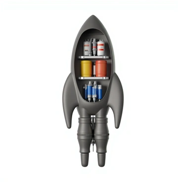 A detailed cross-section of a rocket showcasing various components. The interior reveals multiple fuel tanks, each marked with clear labels indicating their functions. The tanks are filled with bright colors representing different types of fuel. Visible pipes connect the fuel tanks to the propulsion system, which is prominently displayed at the bottom of the rocket. The propulsion system features multiple engines with intricate designs, showcasing exhaust nozzles and ignition components. The rocket's outer shell is metallic and sleek, and the cross-section exposes the structural supports that hold everything in place.