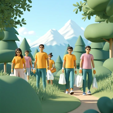 Several volunteers are actively picking up trash in a lush green forest. They are wearing bright-colored t-shirts and sturdy work gloves. Some volunteers are carrying large trash bags, while others are using grabbers to pick up litter from the ground. The forest is filled with vibrant trees and thick underbrush. In the background, majestic mountains rise against a clear blue sky, with no clouds in sight. Sunlight filters through the leaves, casting dappled shadows on the forest floor.