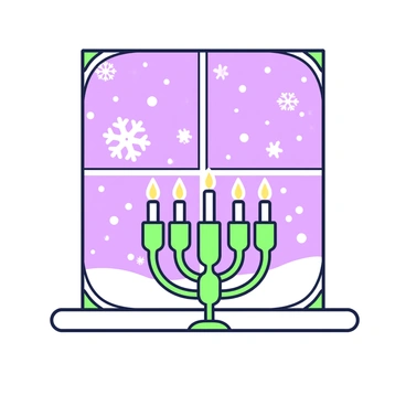 A menorah glowing warmly on a window sill, with snowflakes outside