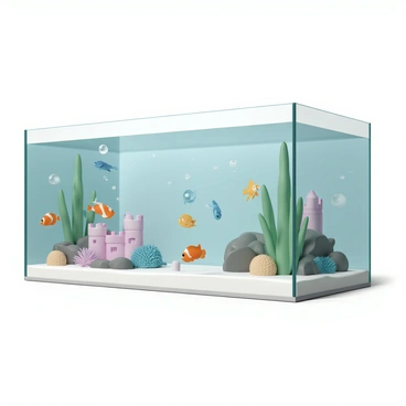 A large, rectangular aquarium filled with clear water, showcasing an array of colorful fish swimming playfully. The fish include bright orange clownfish, blue tangs, and yellow guppies, all darting among vibrant decorations such as coral reefs, small castles, and natural rocks. Lush green aquatic plants, like tall seagrass and bushy Anubias, sway gently in the water, adding to the lively environment. Bubbles can be seen rising from a small air pump at the bottom, creating a dynamic and engaging underwater scene. The light from above casts soft reflections on the glass, enhancing the visual appeal.