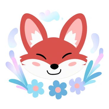 A whimsical fox head with oversized ears is centered in the image. The fox has a playful expression reflected in its fur texture and vibrant color. Surrounding the fox are elements like colorful flowers and tall grass, creating a lively atmosphere. In the background, there are abstract shapes and soft gradients of pastel colors that add a fantastical element to the scene.