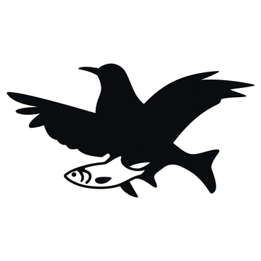 A black silhouette of a bird with outstretched wings is positioned in the center of the canvas. The negative space formed by the bird's body and wings creates the shape of a white fish swimming beneath it. The bird's beak is pointed forward, and its tail feathers are elegantly fanned out. The fish has a streamlined body with detailed fins, visible within the silhouette of the bird, highlighting the interplay between the two forms.