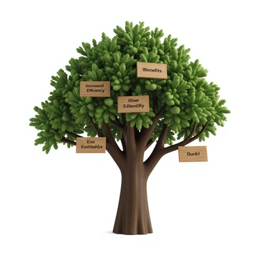 A large green tree with a thick trunk and a broad canopy. Each branch of the tree extends outward, and each branch is labeled with a different benefit of a product. The labels are neatly written on wooden signs attached to each branch. The signs are distinct and clearly legible, showcasing benefits such as "Increased Efficiency," "Cost-Effective," "User-Friendly," "Eco-Friendly," and "Durable." The leaves of the tree are lush and vibrant, complementing the informative display of the benefits on the branches. The scene is well-lit, highlighting the details of the trunk, branches, and labels.