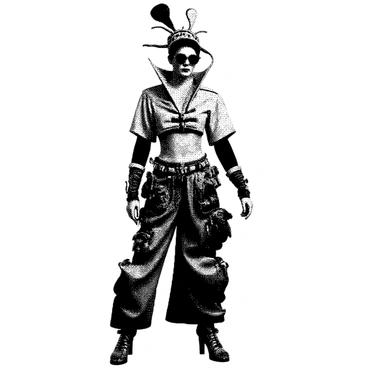 A fashion design showcases a model wearing an outfit that features a large, exaggerated collar that towers above her head. The fabric appears to be layered in a chaotic manner, with asymmetrical cuts and oversized sleeves that drape dramatically. The pants are extremely wide-legged and feature numerous pockets in unconventional places. Accessories include oversized glasses and a hat that resembles an abstract sculpture, twisting and turning in unexpected directions. The ensemble is completed with shoes that have irregular shapes and multiple straps, accentuating the bizarre aesthetic.