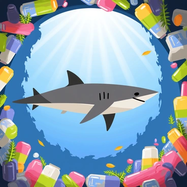 A shark with a sleek gray body and sharp fins is swimming through a tunnel filled with various pieces of floating garbage. The tunnel is made up of plastic bottles, shopping bags, and other debris, creating a chaotic scene in the ocean. Sunlight filters down from the surface, casting light on the shark and illuminating the colorful trash surrounding it. The water is a deep blue, and small fish can be seen darting around the garbage, adding life to the underwater environment.