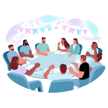 A group of illustrators is gathered at a literary festival, engaging in discussion about the techniques and creativity involved in illustrated novels. Each illustrator is seated at a table with their artwork displayed prominently. Various illustrated novels are open on the tables, showcasing vibrant images and detailed drawings. A lively audience surrounds them, listening intently to their insights. Colorful banners and decorations adorn the festival area, creating a festive atmosphere. The scene captures the energy of collaboration and creativity among the artists.