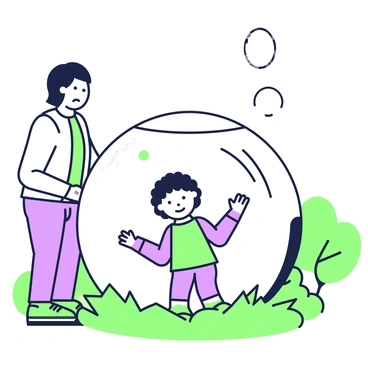 A child is inside a clear protective bubble, appearing safe and secure. The bubble has a smooth surface with reflections and is perfectly round, surrounding the child. The child is wearing a colorful outfit, smiling and waving cheerfully from inside the bubble. Nearby stands a parent with a concerned expression on their face. The parent has short hair, wears a casual shirt and jeans, and their facial features convey worry. The setting features grass beneath their feet and a few trees in the background, adding context to the scene.