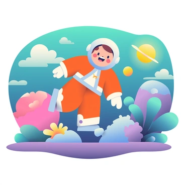 A 3D cartoon astronaut with a round helmet and a bright orange suit is exploring a colorful alien planet. The astronaut is floating slightly above the ground, with a look of wonder on their face. Surrounding the astronaut are large, floating rocks in various shapes and vibrant colors, including pink, purple, and blue. Strange plants with oversized leaves and unusual, glowing flowers are scattered throughout the landscape. The sky is a gradient of deep blue and teal, with two suns setting on the horizon, casting playful shadows across the terrain.