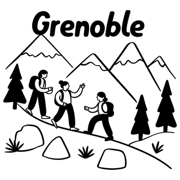 A group of hikers wearing backpacks traversing a rocky trail in the Alps. The hikers are engaged in conversation and pointing toward the distant cityscape of Grenoble, visible below the mountains. Towering peaks surround them, with patches of snow on the mountaintops. A few scattered trees and rocky outcrops are present along the trail, adding texture to the landscape. "Grenoble" is written in large letters across the scene, positioned prominently in the sky above the hikers.