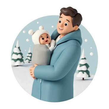 A parent, wearing a thick blue winter coat, is holding a baby, snugly bundled in a soft, gray carrier. The baby is wearing a plush white hat with little ears and a matching snowsuit. Snowflakes are gently falling around them, creating a soft, white layer on the ground. In the background, there are snow-covered trees and a pale blue sky. The parent has a content smile while gazing down at the baby, who is looking up with wide eyes, enjoying the wintry atmosphere.