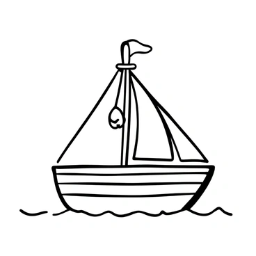 A boat with sails fully extended floating on calm water. The mast of the boat has a rabbit's foot hanging from it, tied securely with a piece of twine. The boat is detailed with wood grain texture, showing its craftsmanship. There are gentle ripples in the water surrounding the boat. Small waves are visible in the background, creating a sense of movement. The sky above is clear, emphasizing the simplicity of the scene.