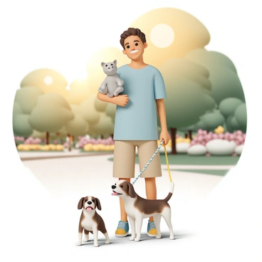 A person, wearing a light blue t-shirt and khaki shorts, is holding a dog’s leash in their right hand and a small gray cat cradled in their left arm. The dog, a medium-sized brown and white beagle, stands next to the person, looking up with its tongue out. The person is smiling broadly, with the sun shining down, casting warm, golden light across the scene. In the background, lush green trees and colorful flower beds are visible, enhancing the cheerful atmosphere of the sunny park.