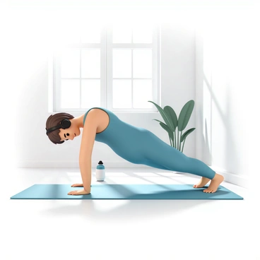 A person, wearing black headphones and a fitted blue tank top, is performing glute bridges on a yoga mat in a bright, well-lit room. The person has short brown hair and is focused on their workout, lifting their hips while keeping their feet flat on the mat. Sunlight streams through a large window, illuminating the space and casting soft shadows on the walls. There are plants in the background, adding a touch of greenery to the room. A water bottle sits nearby on the floor.