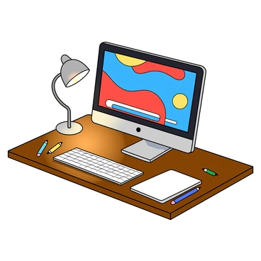 A sleek computer monitor with a slim design is positioned on a wooden desk. The screen displays a vibrant digital artwork filled with a variety of colors, including bright blue, red, and yellow shades, featuring abstract shapes and swirling patterns. In the corner of the screen, a progress bar shows that the artwork is in the process of being uploaded to a free illustration platform. Surrounding the monitor are a few art supplies, including colored pencils and a sketchbook, adding to the creative atmosphere of the workspace. The desk is illuminated by a small desk lamp that casts a warm glow over the scene.
