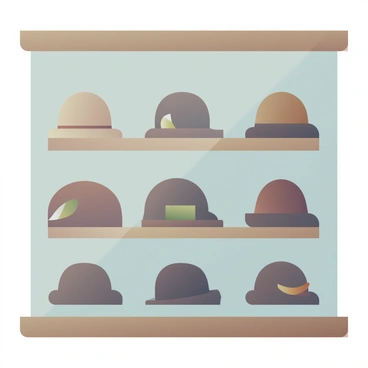 A boutique window display featuring various 1920s hats arranged neatly, showcasing styles such as cloches, fedoras, and berets, with decorative elements like ribbons and feathers on some hats.