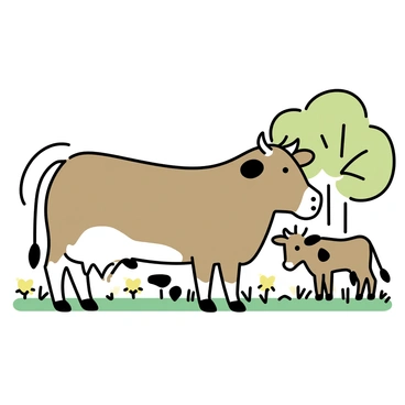 A mother cow, large and brown with white patches, stands in a lush, green field. Beside her are two calves, one small and spotted with black, and the other a lighter shade of brown. The field is dotted with wildflowers in various colors, and sunlight filters through the trees in the background, casting gentle shadows on the ground. The mother cow is looking down at her calves, who are curiously exploring their surroundings.
