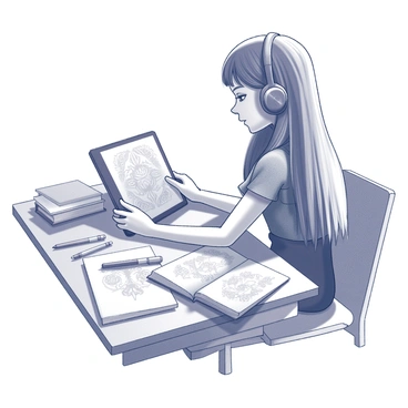 A girl is seated at a desk, focused on her digital tablet. She has long hair cascading over her shoulder and is wearing headphones. The tablet displays a partially completed book cover illustration. The design features intricate, swirling patterns and symbols that suggest a theme of mystery. Surrounding her are various tools of the trade, such as a sketchbook, pens, and books stacked haphazardly. The overall atmosphere is one of concentration and creativity, with shadows playing across the workspace.