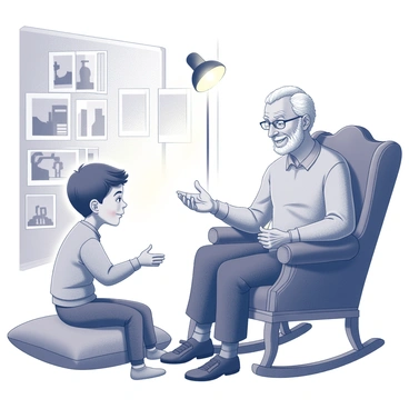 A boy sitting on a soft cushion in a cozy living room, leaning forward with a focused expression as he listens intently. His grandpa, seated in an ornate rocking chair, gestures with his hands as he tells stories. The grandpa has a warm smile, with lines of wisdom on his face, and is wearing a cozy sweater. The room is filled with bookshelves lined with books and framed family photographs on the walls. A small lamp casts a gentle light over the scene, illuminating the connection between the boy and his grandpa.