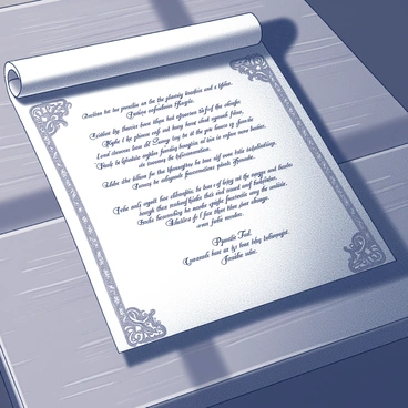 An ornate old parchment rests on a wooden table. The parchment is aged and slightly weathered, with intricate borders adorned with delicate patterns. At the center, the opening lines of a famous preamble are inscribed in elegant calligraphy, showcasing elaborate loops and flourishes in the lettering. The text appears rich and flowing, inviting the viewer to read its profound words. Shadows softly play across the surface, enhancing the texture of the parchment and highlighting its historical significance.