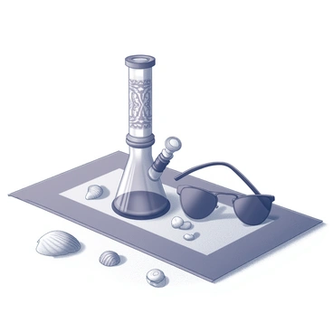 A bong resting on a beach towel. The bong features intricate designs and shapes, creating a visually interesting focal point. Scattered around the towel are various seashells of different sizes and shapes, adding texture to the scene. A pair of sunglasses lies nearby, positioned at an angle to catch the light. The beach towel is spread out on the sandy surface, complementing the other elements in the composition.