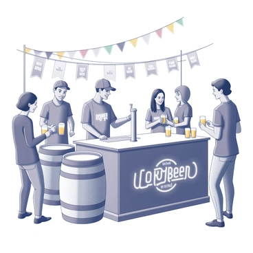 A craft beer vendor stands behind a wooden serving counter. The vendor is wearing a branded shirt and a cap, smiling as they pour a beer from a tap into a clear glass. A variety of beer barrels are lined behind the vendor, each labeled with different local brews. Festival-goers are gathered around, some holding glasses filled with beer and chatting animatedly. Colorful festival banners and decorations hang in the background, adding to the lively atmosphere. Tables with empty glasses and filled samples are scattered around, showcasing the excitement of the beer festival.