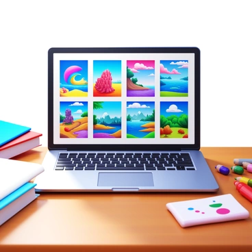 A laptop displaying a digital portfolio filled with various vibrant illustrations. The screen shows multiple colorful images, including abstract art, character designs, and landscape scenes. The laptop is placed on a wooden desk with a few art supplies scattered around, such as colored pencils and sketchbooks. Light softly illuminates the workspace, highlighting the textures of the illustrations on the screen.
