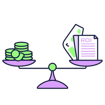 A balancing scale is positioned at the center of the image. On the left side of the scale, there are multiple stacks of coins and several banknotes neatly arranged, symbolizing money. On the right side of the scale, there is a document or chart labeled with "ROI" clearly visible, representing return on investment. The scales are perfectly balanced, emphasizing the equal weight of the two sides. The background is minimal to draw attention to the scale and its contents.