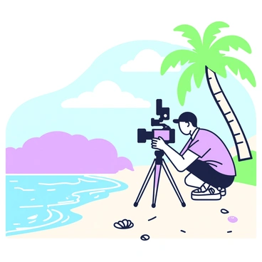 A videographer is crouched down near the edge of a sandy beach, capturing b-roll footage with a camera mounted on a tripod. The videographer is focused, wearing a black cap and a light blue shirt. In the foreground, there are gentle waves lapping at the shore, while a few seashells are scattered on the sand. Behind the videographer, there are tall palm trees swaying slightly in the breeze, casting elongated shadows on the sand. In the distance, a clear blue sky meets the ocean at the horizon, with occasional fluffy clouds drifting by.