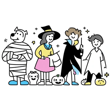 A group of four characters, dressed in colorful Halloween costumes, is gathered together. One character stands out as "Scooby-Doo," who is wrapped in white bandages, resembling a mummy, with eyes peeking out from the top. Another character, wearing a vibrant witch costume with a tall hat, holds a broomstick. A third character is dressed as a vampire, complete with a black cape and fangs. The last member of the group is in a ghost costume, with a white sheet draped over their body with cut-out eye holes. They all stand in a playful pose, smiling at the camera, surrounded by Halloween decorations like pumpkins and cobwebs.