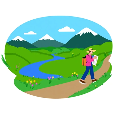 An artist with a sketchbook is walking along a winding path through a vibrant landscape. They have a backpack slung over one shoulder and are wearing a wide-brimmed hat to shield them from the sun. The artist pauses to sketch a picturesque view of rolling hills covered in lush green grass, dotted with wildflowers of various colors. Nearby, a tranquil river flows, reflecting the blue sky above. In the distance, majestic mountains rise against the horizon, their peaks capped with white snow. The artist's sketchbook is open, filled with detailed drawings of other landscapes they have encountered on their journey.