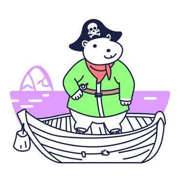 A capybara dressed as a pirate stands confidently on the deck of a small wooden ship. The capybara is wearing a black pirate hat adorned with a skull and crossbones, along with a red bandana tied around its neck. It has a small wooden sword tucked into a belt made from a leather strap. The ship features wooden planks with ropes and a small sail that billows slightly in the wind. In the background, there is a faint outline of an island on the horizon, surrounded by gentle waves. The scene captures the adventurous spirit of the capybara in its pirate attire.