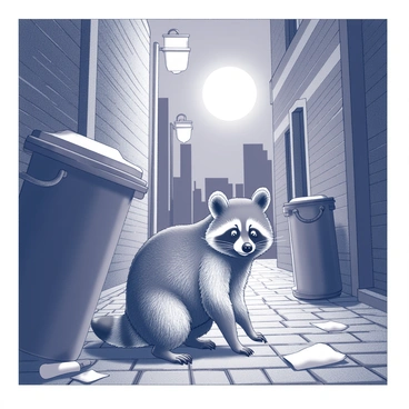 A raccoon is crouched down on a cobblestone alleyway, its fur blending into the shadows. The moonlight casts a soft glow, illuminating the alley's brick walls and scattered garbage bins. The raccoon's eyes are wide and curious as it peers into a nearby trash can, its paws delicately poised on the edge. In the background, there are faint silhouettes of tall buildings, and the alley is lined with flickering street lamps, adding an element of intrigue to the nighttime scene. Scattered debris, such as papers and plastic bottles, lies on the ground, enhancing the urban environment.