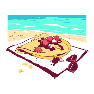 A yellow plate filled with freshly made crepes is placed on a white beach towel. The crepes are neatly folded and topped with slices of ripe strawberries and a drizzle of chocolate sauce. In the background, gentle teal waves are lapping against the shore under a bright blue sky. A pair of sunglasses rests beside the plate, reflecting the sunlight. Small footprints in the sand lead towards the ocean, adding a sense of warmth to the scene.