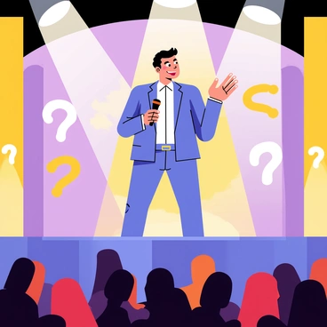 A charismatic quiz master standing confidently on a stage. The quiz master has short, neatly styled hair and is wearing a bright blue blazer over a white shirt. In one hand, they hold a microphone, gesturing expressively with the other hand. The stage has a colorful backdrop featuring large question marks and lights shining down. A large audience is visible in the foreground, eagerly watching.
