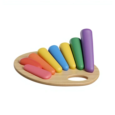 A painter's palette made of wood, featuring a variety of color spots that resemble a bar chart. The colors include vibrant shades of red, blue, yellow, green, and purple, each represented by a distinct spot of paint. The palette has a classic curved shape with a thumb hole on one end. The color spots are arranged in ascending height to form the bars of the chart, illustrating a visual representation of color diversity. The wooden texture of the palette is visible, adding a rustic charm to the scene.