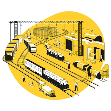 A busy train yard filled with multiple tracks intersecting in various directions. Several trains are positioned along the tracks, with one train being serviced, featuring a technician inspecting the engine. The scene includes various train cars, some stacked on one another, while others are lined up waiting for maintenance. Multiple workers in uniforms are moving about, carrying tools and equipment. Industrial buildings with large doors and cranes can be seen in the background, providing context for the bustling activity in the train yard.