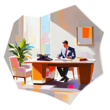 A sleek office from the 1940s featuring art deco furnishings. The room is elegantly designed with geometric patterns and luxurious materials. A large wooden desk with polished surfaces is positioned prominently, and a businessman with a neatly combed hairstyle is seated at the desk, wearing a tailored suit and a tie. He is focused on his work, surrounded by vintage office accessories such as a classic typewriter and leather-bound notebooks. The walls are adorned with art deco artwork, and a large window allows natural light to fill the space, highlighting the rich textures and colors of the furnishings.