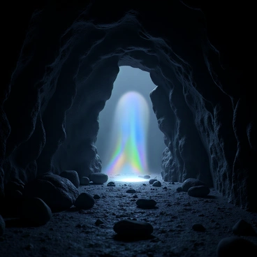 A dark cave entrance framed by jagged rock formations. At the center of the entrance, a portal appears as a shimmering veil, glowing softly with iridescent colors that create a contrast against the darkness of the cave. The cave’s interior is shadowy, enhancing the mystical quality of the portal. Small rocks and pebbles are scattered on the cave floor, adding to the natural setting. The surrounding area is dimly lit, with hints of light reflecting off the portal's surface.