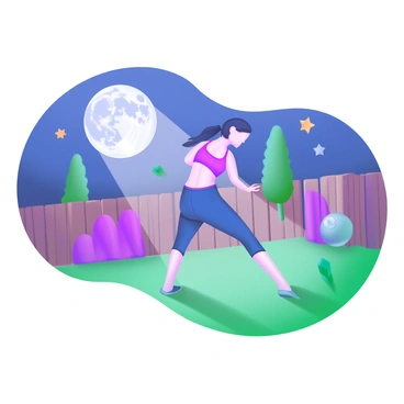 A person performing glute kickbacks in a quiet backyard under the moonlight. The individual is wearing a fitted workout outfit that highlights their movement. Soft moonlight casts gentle shadows, illuminating the grass and surrounding plants. The scene includes a few trees in the background and a wooden fence that encloses the backyard, adding to the calm atmosphere. Stars twinkle in the night sky, enhancing the serenity of the moment.