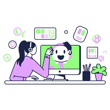 A designer is sitting at a desk with a computer, focused on creating an animated character. The designer has long hair tied back and is wearing headphones. The computer screen displays a vibrant image of a character in the process of being designed, with colorful shapes and features being adjusted. There are various design tools visible on the screen interface, including a palette of colors and a timeline for animation. Surrounding the desk, there are sketches of character ideas scattered about, along with a green plant in a pot. A mug filled with pens is positioned beside the computer.