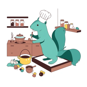 A teal squirrel wearing a small white chef's hat stands on its hind legs in a tiny kitchen. The kitchen features a miniature wooden countertop cluttered with various nuts and berries scattered around. The squirrel is holding a tiny wooden spoon with its right paw, and there is a small pot on the stove, which is a vibrant yellow. The shelves above the counter are lined with jars containing spices and more ingredients, creating a cozy atmosphere as the squirrel prepares a delightful meal.